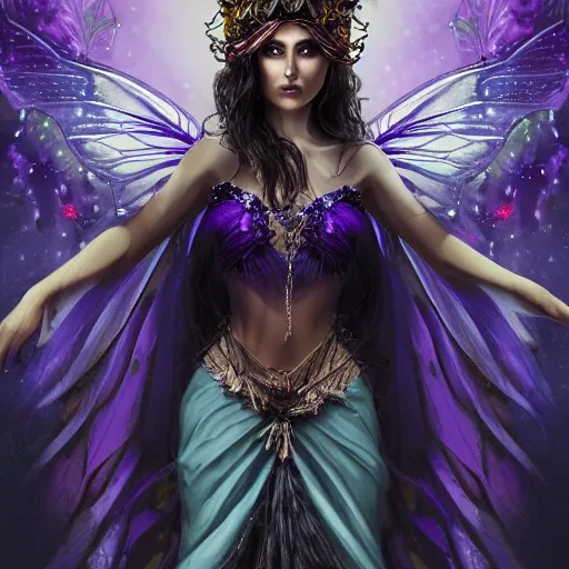 Image similar to detailed portrait of a dark fairy queen with wings holding a silk cloth wearing a robe, crown, pixie, iris, realism, emerald, galaxy, sapphire,dark purple crown,leaves, moonlit, dark fantasy, dramatic lighting, cgsociety, artstation