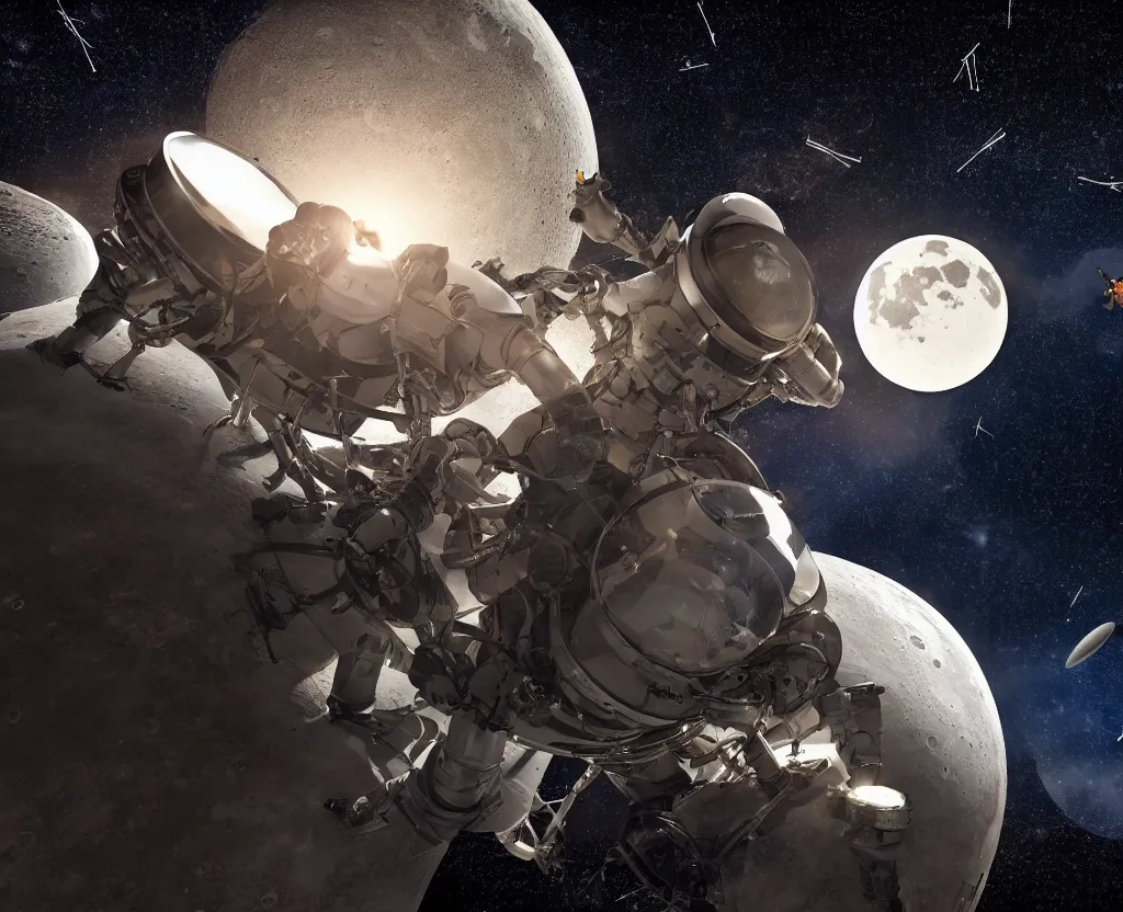 Prompt: black ant astronaut repairing its space nest craft with the earth and the moon in background, and shooting stars, aesthetic octane render, hyperrealistic, focused, extreme details, masterpiece, 8 k, ultrahd, hd resolution