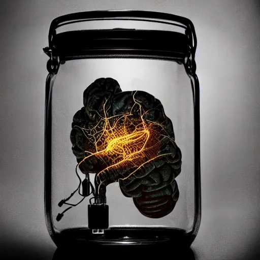 Prompt: brain in a jar, wires hooked up, medical equipment, dystopia, creepy, highly detailed, high quality, high resolution