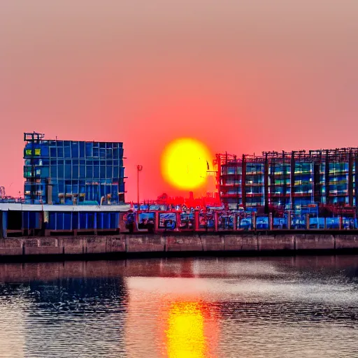 Prompt: changlu city is green with autumn grass, and the bird magpie bridge is red with the setting sun. a picture of sunset atmosphere in luoyang port.