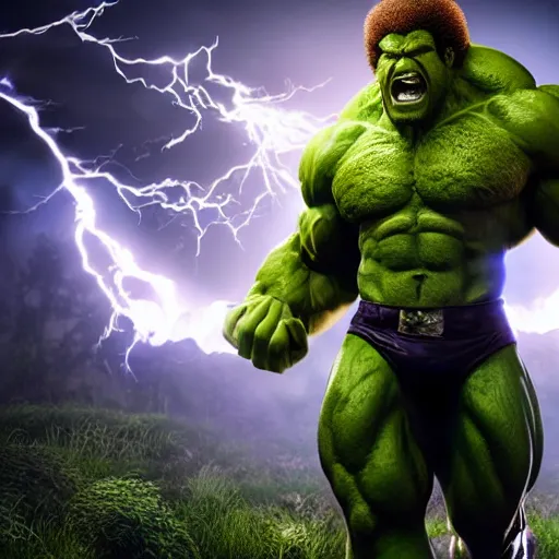 Image similar to photomanipulation of BOB ROSS as hulk, marvel, fully detailed, volumetric lightening, octane render, cinema 4D