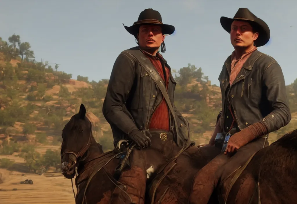 Image similar to elon musk in the red dead redemption 2, elon musk in the video game red dead redemption 2, gameplay screenshot, close up, 3 d rendering. unreal engine. amazing likeness. very detailed.