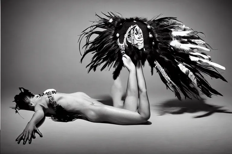 Image similar to a woman in a buffalo headdress reclining on the ground with one leg in the air, cosplay, photoshoot, studio lighting, photograph by Bruce Weber