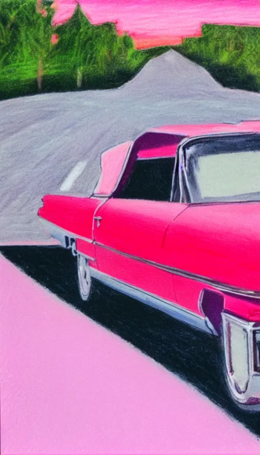 Image similar to polaroid of a 1 9 6 3 red cadillac convertible in the distance driving down empty highway into a pink sunrise, oil pastel, high detail, realistic, vintage