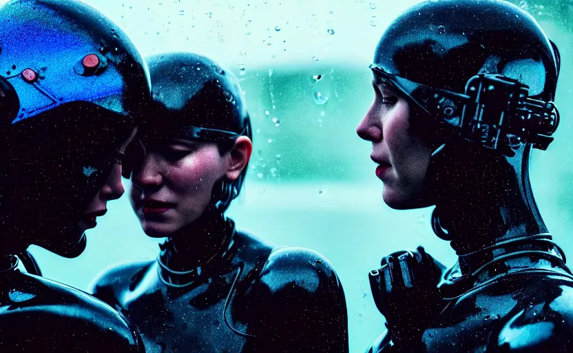 Image similar to cinestill 5 0 d candid photographic portrait by steven spielberg of two loving female androids sobbing wearing rugged black mesh techwear in treacherous waters, flooded city, medium closeup, retrofuturism cyberpunk moody emotional cinematic, pouring iridescent rain bright spotlight helicopter, 8 k, hd, high resolution, 3 5 mm, f / 3 2, ultra realistic faces, ex machina