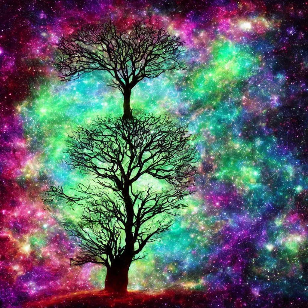 Prompt: cosmic tree of life made of stars, In the deep space, there is a tree which contains all of the galaxies in this universe, each branch and leaf is a portal to another space and time,cinematic, trending on artstation, magical colors, fantasy,4K UHD image,