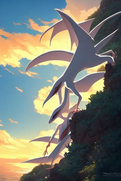 Image similar to a large smooth skinned white creature hybrid pterosaur, small quills along it's back, long fangs, sitting on a cliff high in the sky, sunset, backlit, beautiful composition, by makoto shinkai an krenz cushart