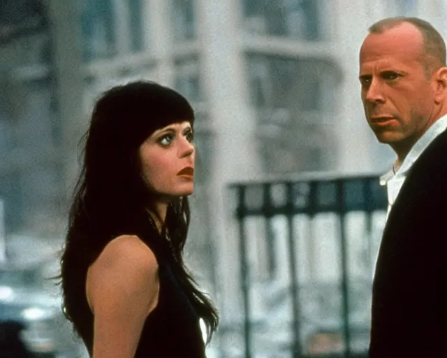 Prompt: film still of zooey channel as bruce willis in die hard