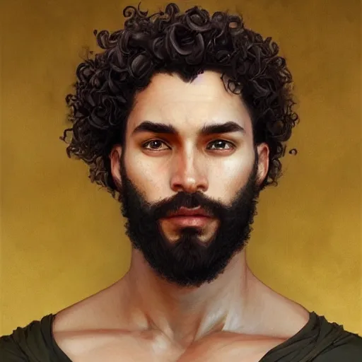 Image similar to beautiful, strong, mixed race, curly hair, beard, male, face, head shot, fantasy, highly detailed, digital painting, artstation, concept art, smooth, sharp focus, illustration, art by artgerm and greg rutkowski and alphonse mucha