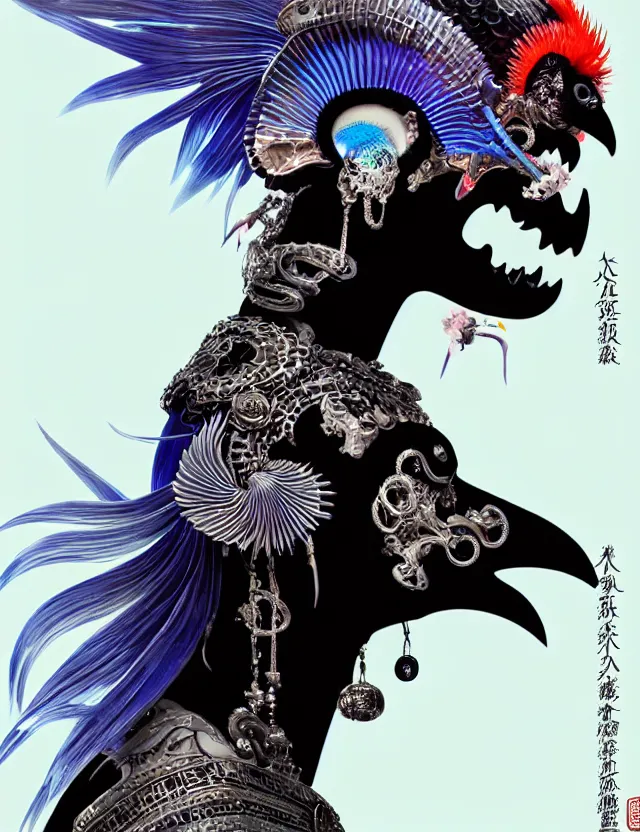 Image similar to 3 d goddess close - up profile simple portrait punk with mohawk with ram skull. beautiful intricately detailed japanese crow kitsune mask and clasical japanese kimono. betta fish, jellyfish phoenix, bio luminescent, plasma, ice, water, wind, creature, artwork by tooth wu and wlop and beeple and greg rutkowski