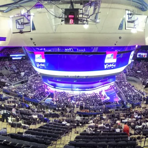 Prompt: Whales playing basketball in at the Lakers arena