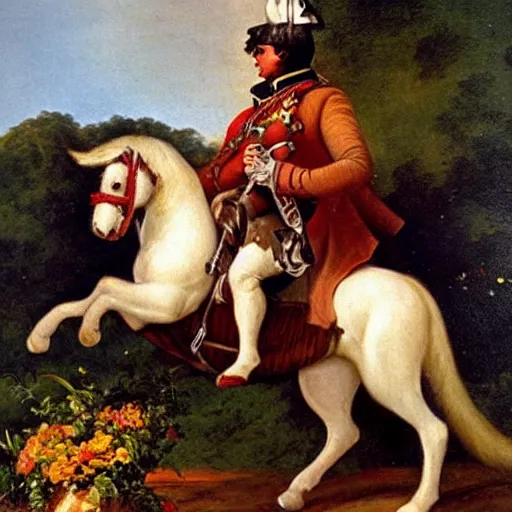 Prompt: a giant squirrel carrying napoleon!!! on its back, napoleon riding, beach scene with flowers and foliage, detailed oil painting