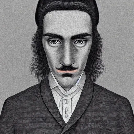 Image similar to young man, long hair, short facial hair, no mustache, dark green eyes, dark eyebrows, light widows peak light facial hair, in the style of mauritz cornelis escher, in - frame