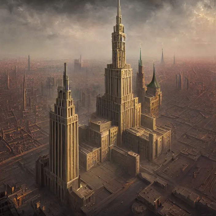 Image similar to matte painting by marc simonetti, jonathan solter, greg rutkowski of a moscow state university building, masterpiece, cinematic, hyperdetailed, photorealistic, hyperrealism, architecture, aerial view,