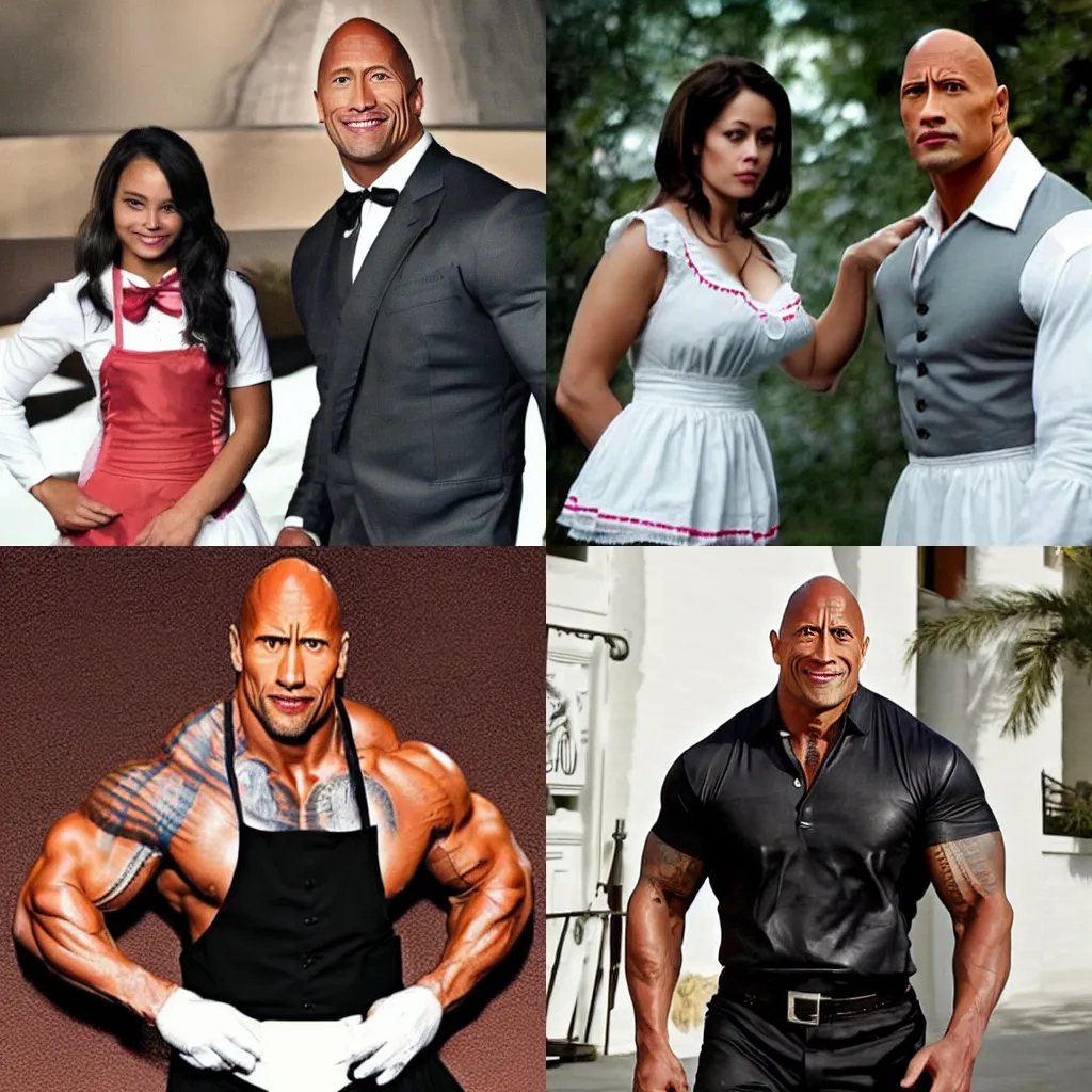 Prompt: dwayne johnson wearing a maid outfit