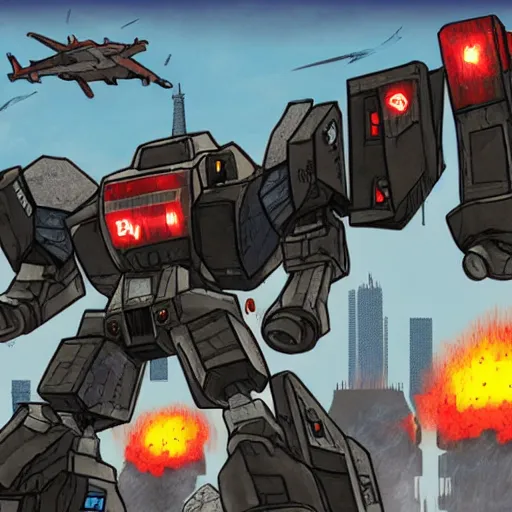 Prompt: cartoon illustration, mechwarrior destroying city