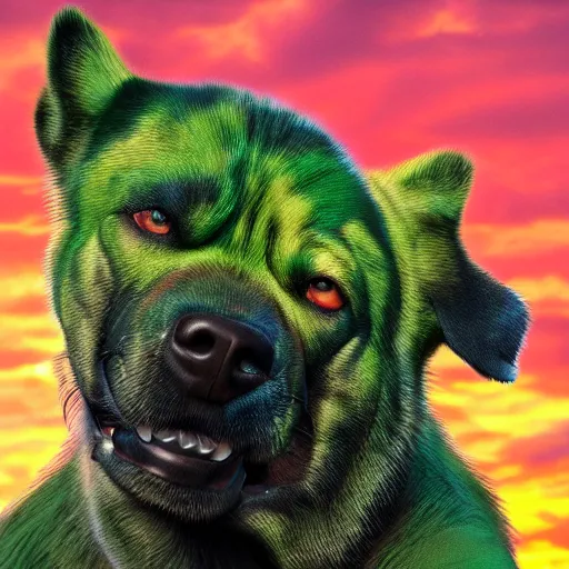 Prompt: hulk dog, cute, highly intricate, ultra realistic, golden hour