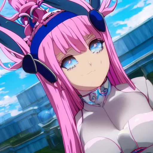 Prompt: viewed from the ground in a low angle, stunningly beautiful omnipotent megalomaniacal anime goddess with porcelain skin, pink twintail hair and mesmerizing cyan eyes, symmetrical perfect face smiling in a mischievous, devious and haughty way while looking down upon the viewer, mid view, hyperdetailed, 2 d, 8 k