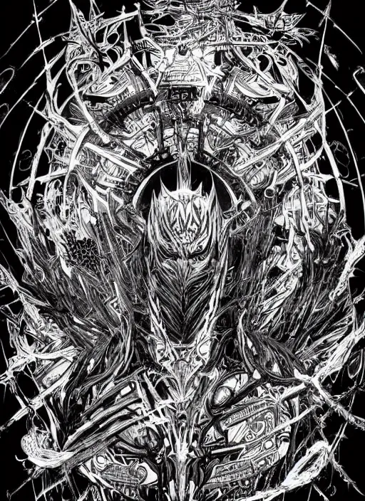 Prompt: Full Art Illustration, Full Body Portrait, black and white, manga, dark RA face illustration, symmetrical, evil, chaos, hypermaximalist, ornate, horror, by Tsutomu Nihei, detailed, intricate ink illustration, symmetry, bloodborne