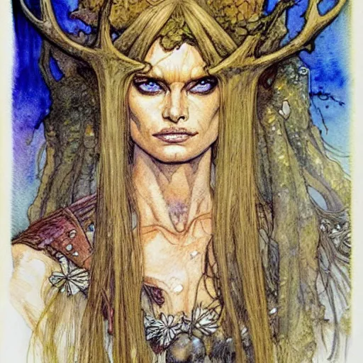 Image similar to a realistic and atmospheric watercolour fantasy character concept art portrait of brigitte bardot as a druidic warrior wizard looking at the camera with an intelligent gaze by rebecca guay, michael kaluta, charles vess and jean moebius giraud