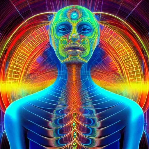 Image similar to human trancending into collaborative intelligence in the style of alex grey, album cover, award winning, beautiful, colorful, volumetric lighting, trending on artstation