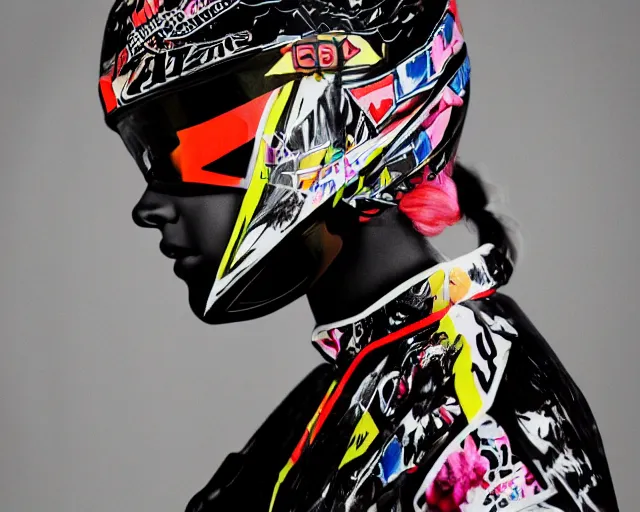 Image similar to extremely beautiful black marble statue with colorful motocross logos behind her, sharp focus, clear, detailed,, cinematic, detailed, off white, glamourous, symmetrical, vogue, editorial, fashion, magazine shoot, glossy