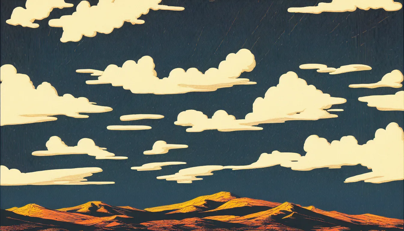 Prompt: clouds over mountain light rays by dan mumford and peter doig and edward hopper, symmetrical, minimal, black ink, thick lines highly detailed, muted colours 8 k