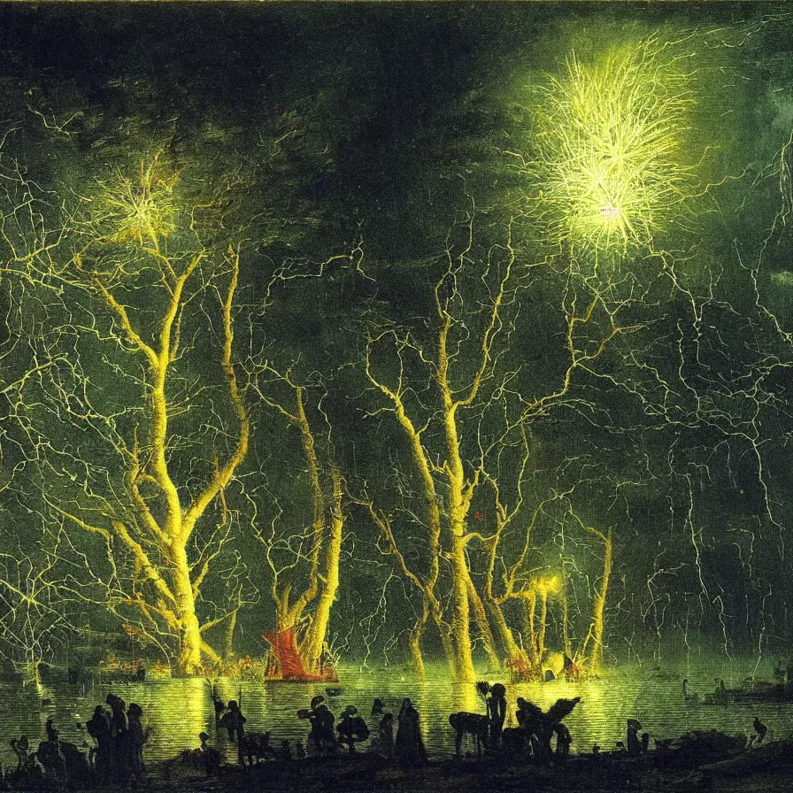 Image similar to closeup of a night carnival around a magical in a summer storm, tree cavity with a music scenario with many fireworks and christmas lights, next to a lake with iridiscent lake water, volumetric lightning, folklore people disguised with fantastic creatures in a magical forest by summer night, masterpiece painted by caspar david friedrich, scene by dark night environment, refraction lights,