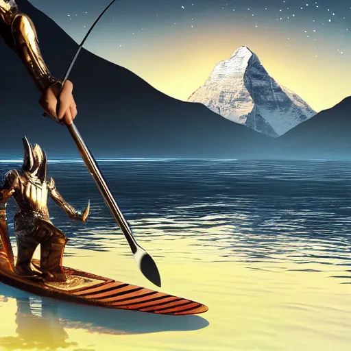 Prompt: lord sauron on his new paddle fishing a giant swordfish, mt everest background, digital art, trending on art station, high quality, uhd 8 k, beautiful, golden hour, intricate detail, high gradient, raytracing