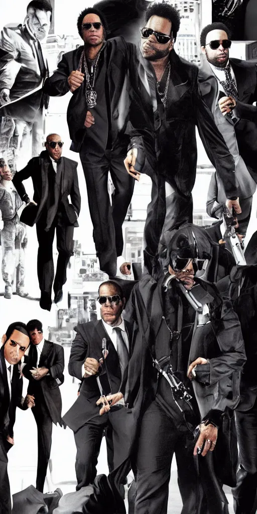 Image similar to lenny kravitz as men in black agent, only one head on the picture, dynamic movie still, detailed 8 k photorealistic portrait, imdb poster style