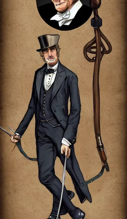 Prompt: a time traveling gentleman in a tailored suit with a monocle holding a pocket watch and using a cane who is thin, fit and very British by artgerm and wlop, tarot card style