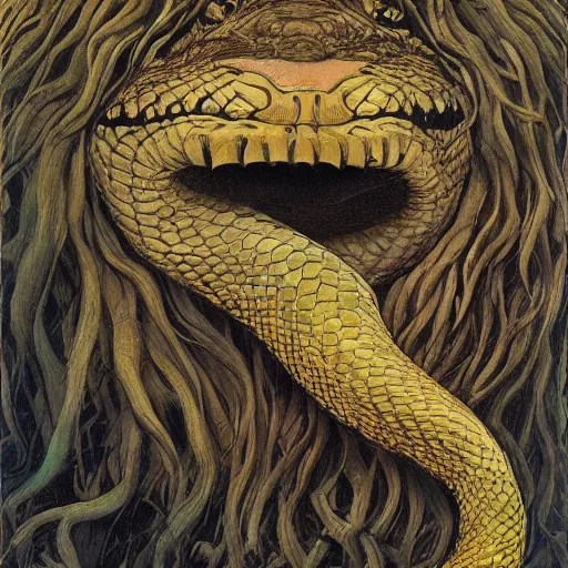 Image similar to a snake snake disguised as a lion head neck neck mane tall long viper national geographic tombow peter doig greg rutkowski lucian freud arsen savadov dan witz vik muniz