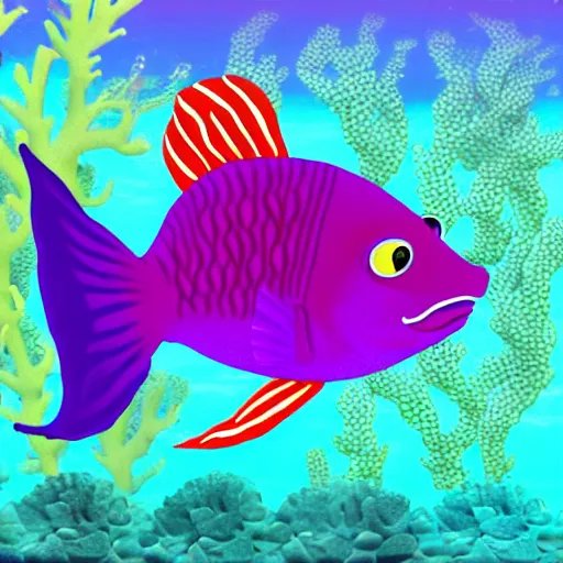 Image similar to A purple fish, swimming in a beautiful coral reef, Digital art, Concept art