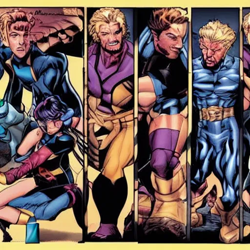 Image similar to X-men fighting the cast of Friends, highly detailed