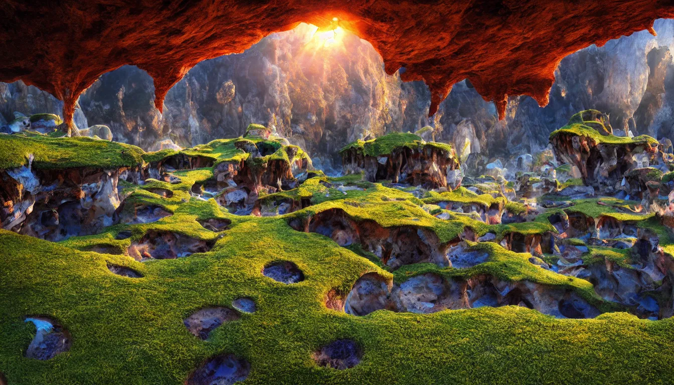 Prompt: expansive caves with growing fungal biodiversity , pools of water reflecting , small city streets emerge in between the rock formations, dramatic dusk sun illuminates areas , volumetric light ,detailed entangled fibres carpet the fallen rocks ,full colour , upscale , 8k