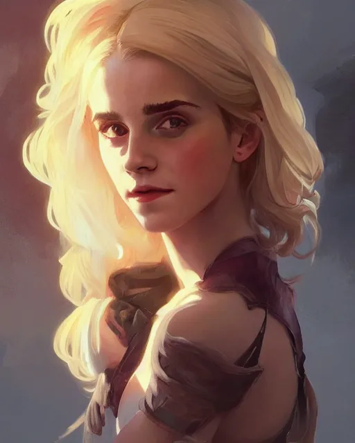 Image similar to '' Portrait of Beautiful blonde emma watson in her early 30’s, league of legends, LOL, fantasy, d&d, digital painting, artstation, concept art, sharp focus, illustration, art by greg rutkowski and alphonse mucha ''