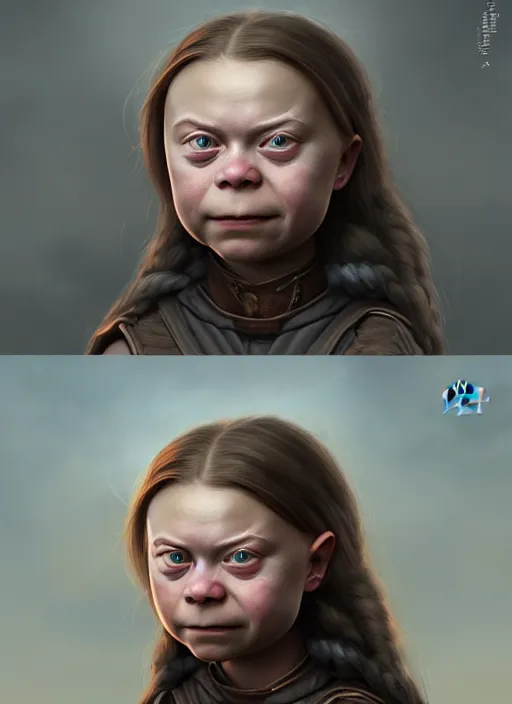 Image similar to portrait of greta thunberg as a medieval goblin girl, beautiful face, hyper realistic, highly detailed, digital painting, artstation, illustration, concept art by hyung tae and frank frazetta, digital paint, matte paint, washed colors, dark, gloomy