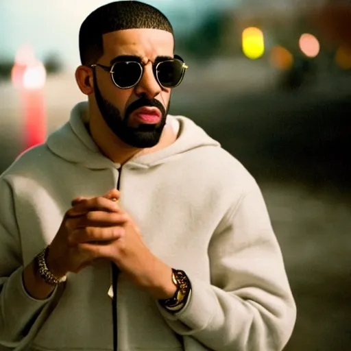 Image similar to cinematic film still of Drake starring in a Steven Spielberg film as Bad Bunny, candid photo, 1999, shallow depth of field, photograph, epic lighting