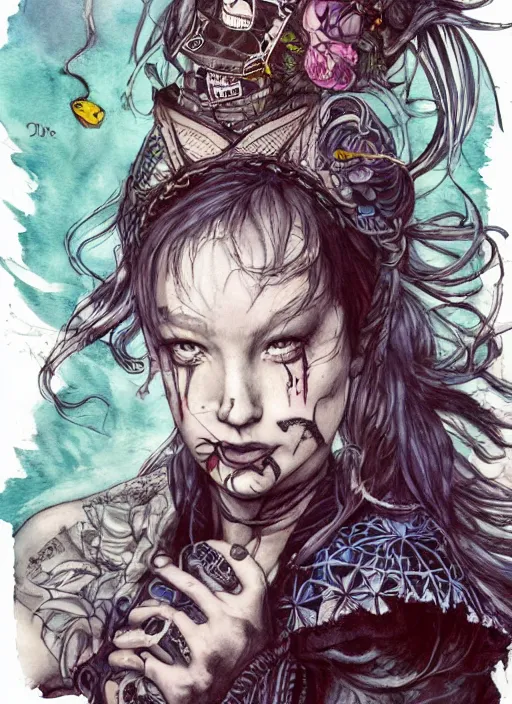 Prompt: portrait, Punk rock Alice in wonderland, caterpillar tattoo on her neck, septum piercing, fishnets, full body, torn skirt, watercolor, dramatic lighting, cinematic, establishing shot, extremely high detail, foto realistic, cinematic lighting, pen and ink, intricate line drawings, by Yoshitaka Amano, Ruan Jia, Kentaro Miura, Artgerm, post processed, concept art, artstation, matte painting, style by eddie mendoza, raphael lacoste, alex ross