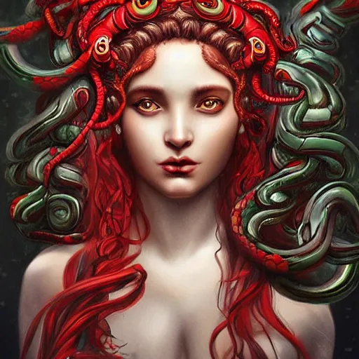 Image similar to realistic mythological greek medusa with red snakes on the head full body, by anna dittmann