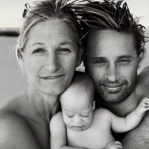 Prompt: portrait of a happy family at the beach fully - clothed, outdoor lighting, realistic, smooth face, perfect eyes, wide angle, sharp focus, high quality, professional photography, photo by annie leibovitz, mark mann, peter lindbergh