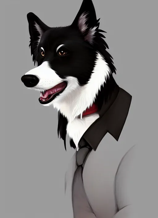 Image similar to beautiful full body character portrait of a cute anthro male anthropomorphic border collie fursona wearing a suit, highly detailed, artstation, illustration, digital painting