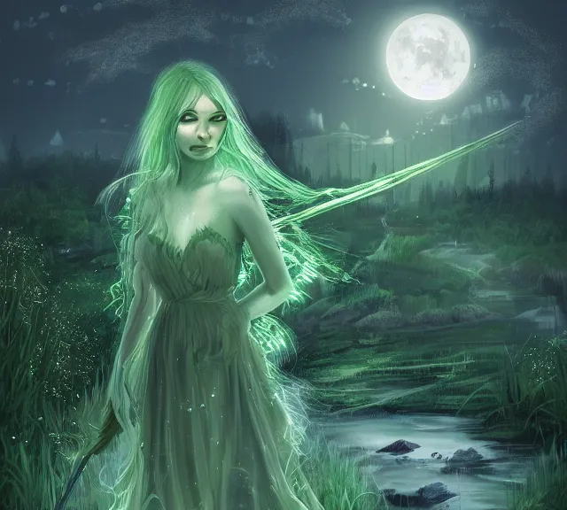 Prompt: an illustration of a mystical fairy witch, at the waterside, lit by moonlight, green - tinted, high contrast, highly detailed, sharp focus, digital painting, illustration, trending on artstation,