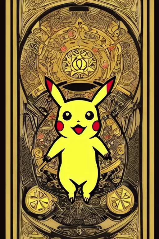 Image similar to Pikachu tarot card, art nouveau style, ornate borders, intricate details, trending on artstation