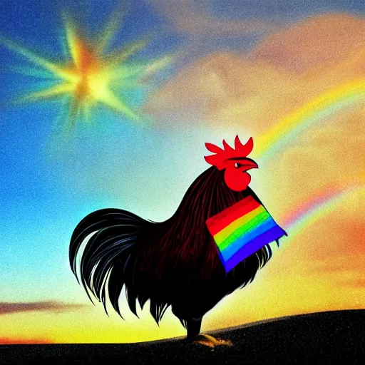 Prompt: an image of a rooster wearing a fedora standing on a unicorn at the beach with a rainbow in the sky, detailed, vibrant, realistic, sunset, clear, 8k, hd, award winning image