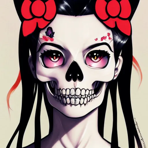 Prompt: anime manga skull portrait young woman skeleton, hello kitty, elegant, highly detailed, digital art, art by jc leyendecker and sachin teng