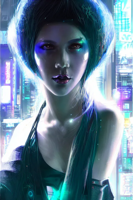 Image similar to portrait futuristic sinful cyberpunk young female necromancer, in futuristic moonlighting tokyo rooftop cyberpunk night, ssci-fi, fantasy, intricate, very very beautiful, elegant, neon light, highly detailed, digital painting, artstation, concept art, soft light, hdri, smooth, sharp focus, illustration, art by tian zi and craig mullins and WLOP and alphonse mucha