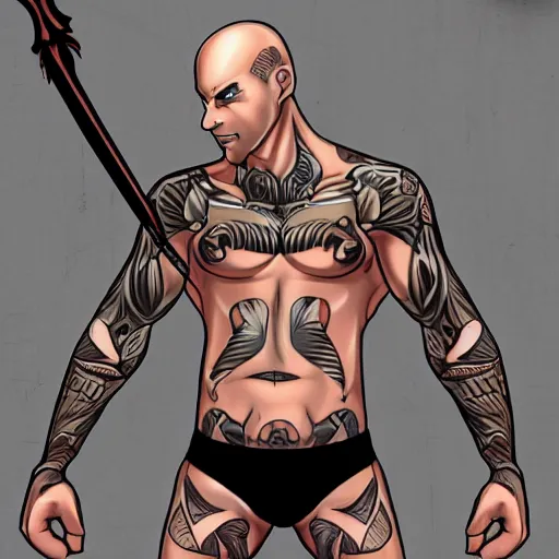 Image similar to muscular bald man, tattooed body, sword in hands, HD, anime style,