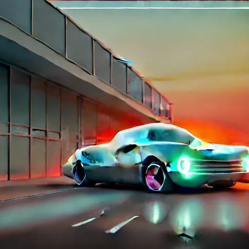 Prompt: a car made of retrofuturistic design, sunset, hazy, volumetric lighting, rtx on, washed out dark colors, an award - winning digital render, beautiful, stunning, ultradetailed, great composition