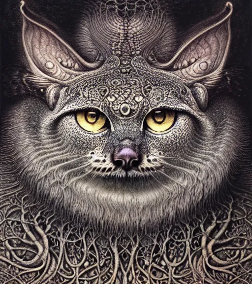 Image similar to detailed realistic beautiful manul portrait by jean delville, gustave dore, iris van herpen and marco mazzoni, art forms of nature by ernst haeckel, art nouveau, symbolist, visionary, gothic, neo - gothic, pre - raphaelite, fractal lace, intricate alien botanicals, ai biodiversity, surreality, hyperdetailed ultrasharp octane render